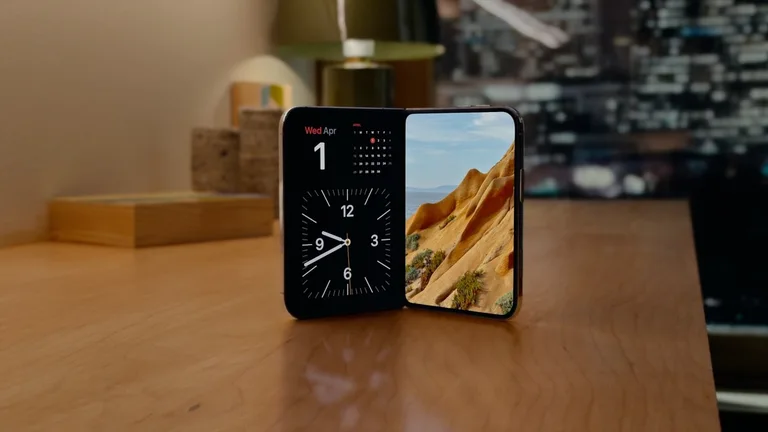 Apple iPhone Duo partly folded in StandBy, showing a clock and landscape photo