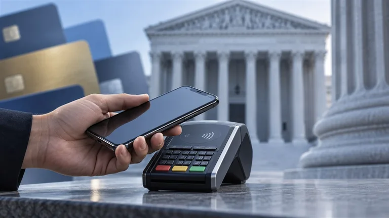 Apple Pay fee lawsuit illustrated by a phone, payment terminal and courthouse