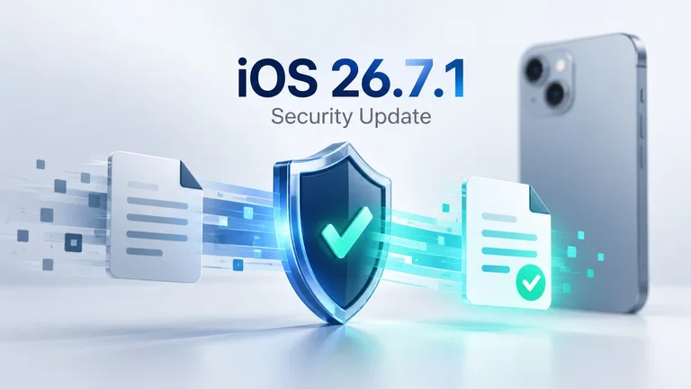 iOS 26.7.1 security update illustration with a shield and file icons