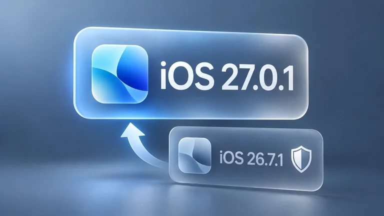 Editorial iOS 27 upgrade comparison showing 27.0.1 above 26.7.1 with a security shield