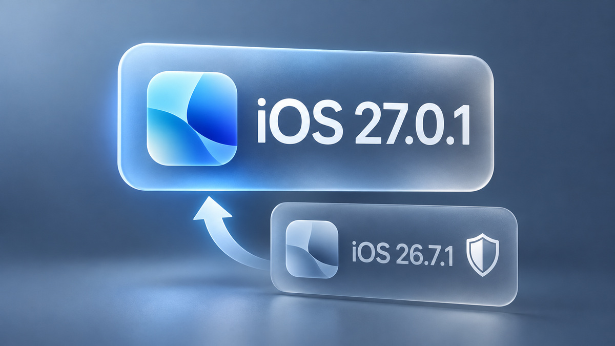 Editorial iOS 27 upgrade comparison showing 27.0.1 above 26.7.1 with a security shield